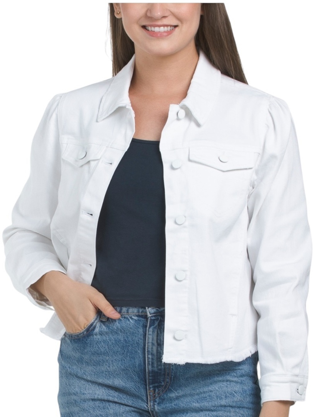 Democracy Optic White Collar Button Down Long Sleeve Cotton blend Denim Jacket